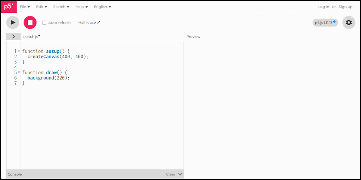 The p5.js web editor showing a new sketch with the default template