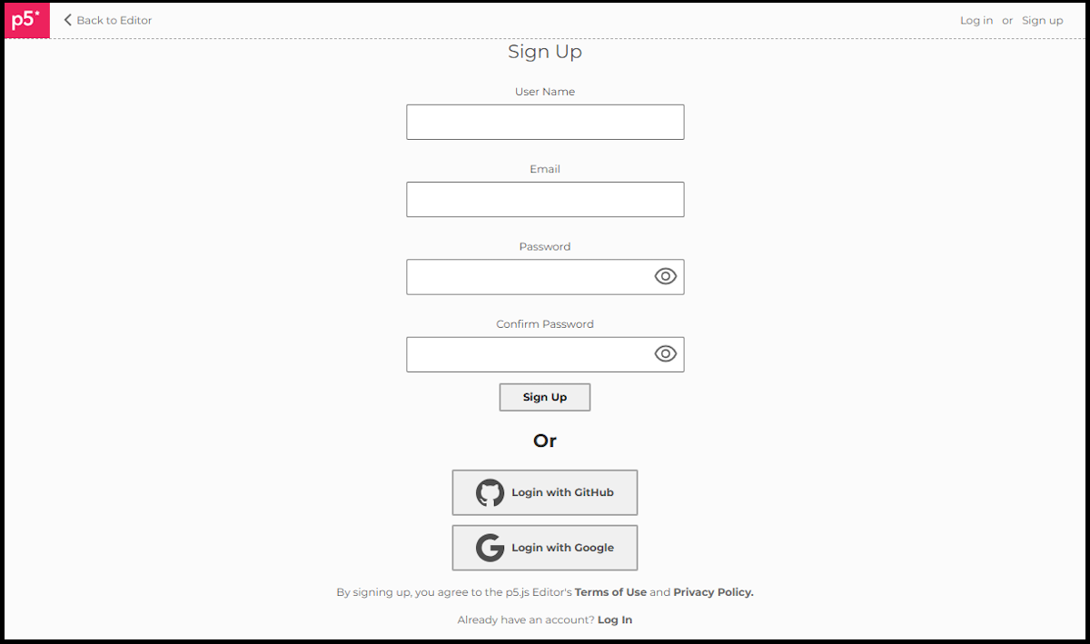 The p5.js web editor sign up page