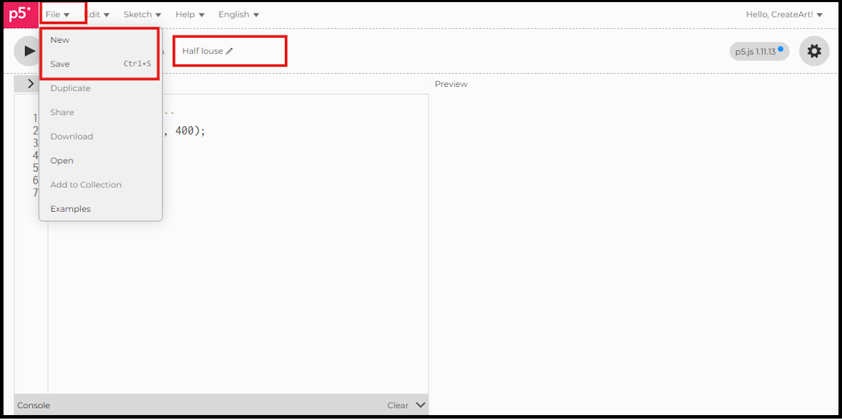 The p5.js web editor File menu with New highlighted