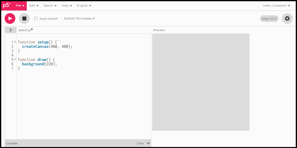 The p5.js web editor showing the preview panel with a grey square canvas