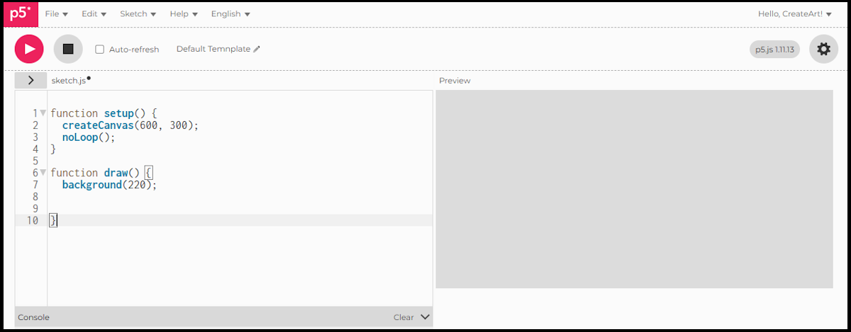 The p5.js preview panel showing a 600 by 300 grey canvas