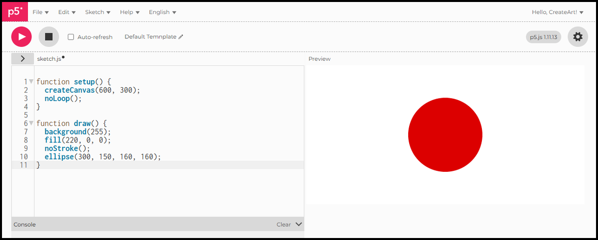 The p5.js preview panel showing the finished Japan flag sketch