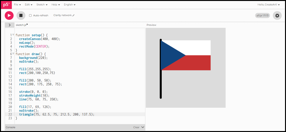 The flag with a blue triangle added, the flagpole hidden behind it