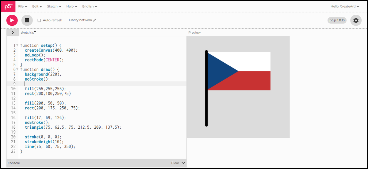 The completed Czech flag with the flagpole drawn on top