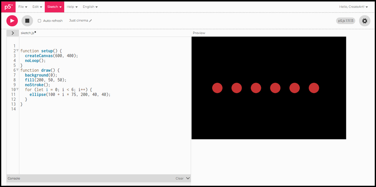 Six equal red circles evenly spaced in a row on a black canvas