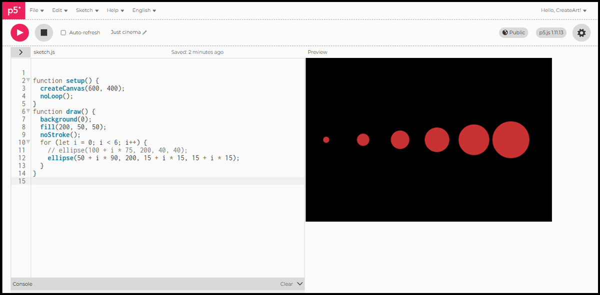 Six red circles in a row growing from small on the left to large on the right
