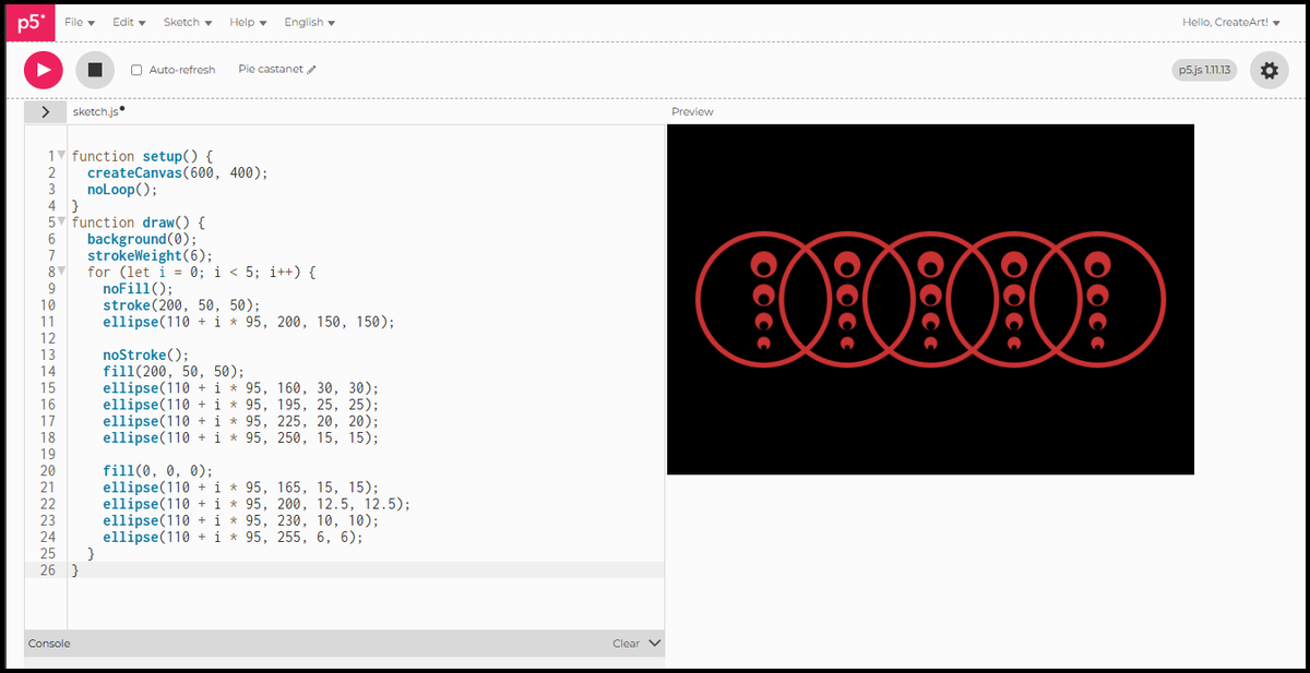 Five groups of nested circles on a black canvas, each with a large red outline and a column of smaller red and black circles inside