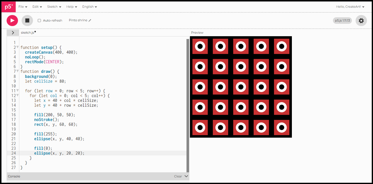 A 5 by 5 grid of red squares each containing a white ring and a black centre