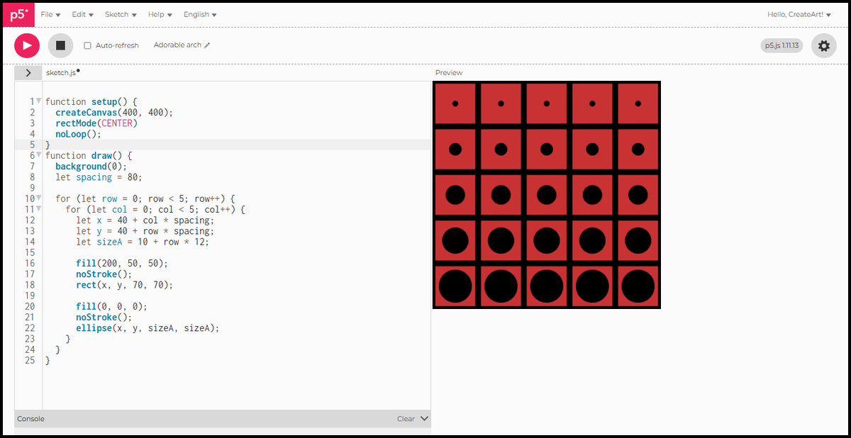A 5 by 5 grid of red squares with black circles that grow larger from the top row to the bottom row