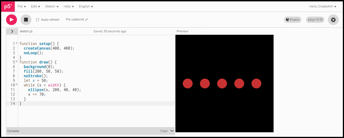 Red circles in a row on a black canvas