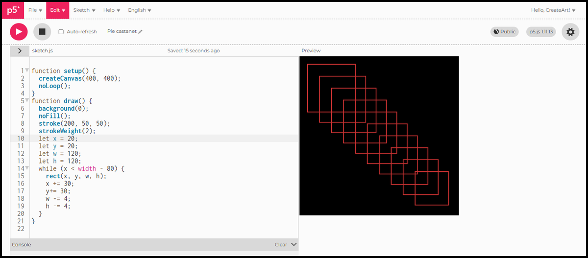 Red outlined rectangles stepping diagonally across a black canvas, each smaller than the last