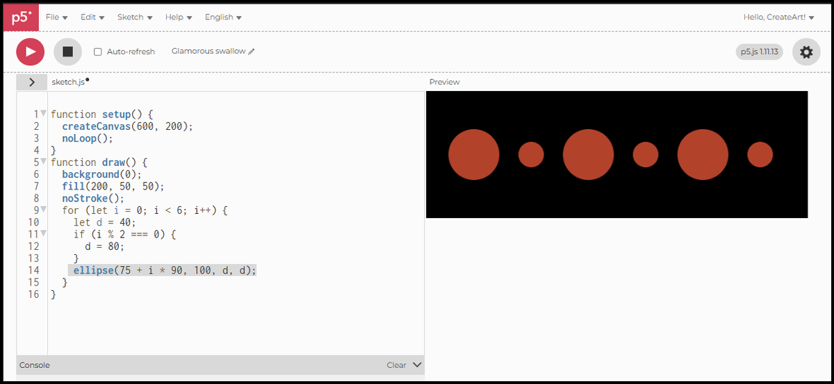 Row of 6 circles alternating between large and small on a black canvas