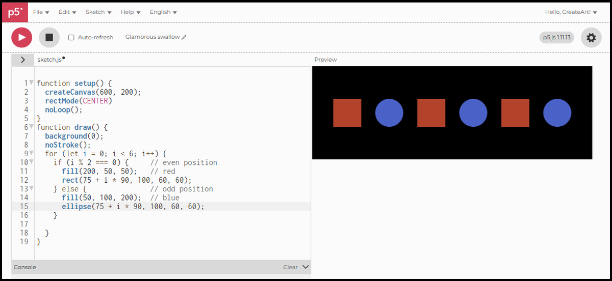 Row alternating red squares and blue circles on a black canvas