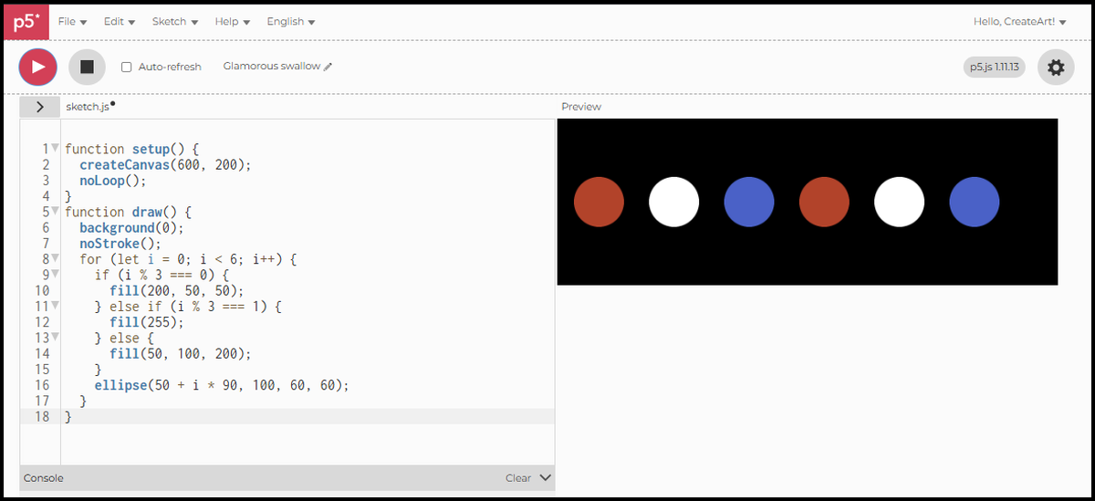 Row of 6 circles cycling through red, white, and blue on a black canvas