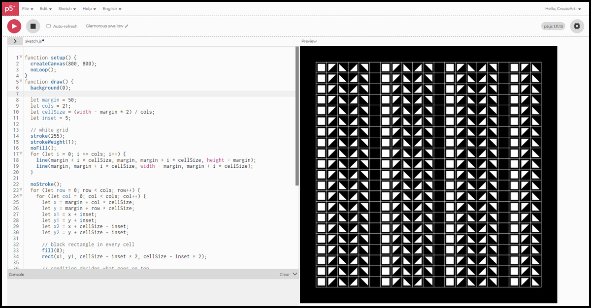 21x21 grid in black and white, cells showing full white, corner triangles, and full black based on column