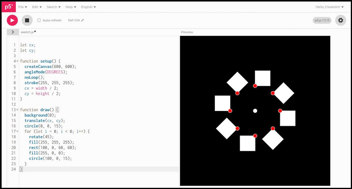 Eight white squares arranged in a ring around the canvas centre, each marked with a red anchor point, rotated using rotate() inside a for loop