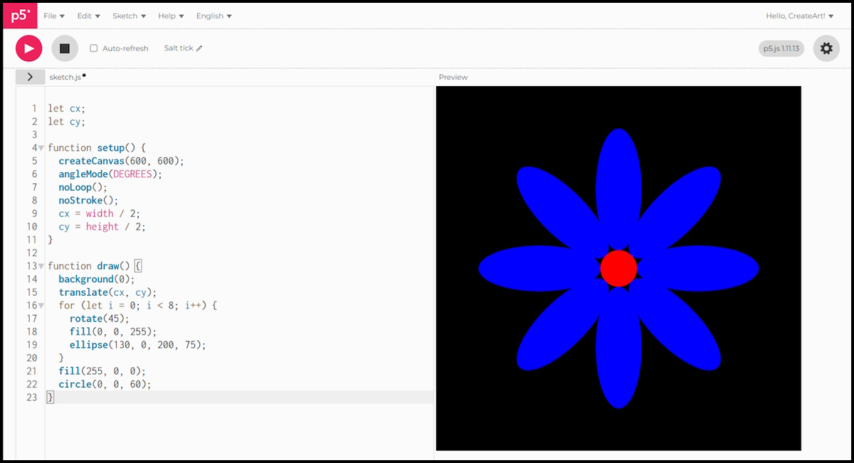 Finished flower sketch: eight blue ellipse petals rotated around a centre, with a red circle at the middle
