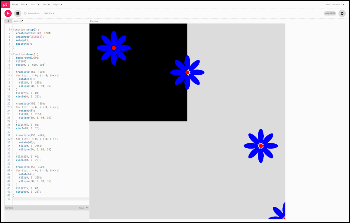 Four flowers meant to sit inside the black square, but each translate() pushes further off course than the last