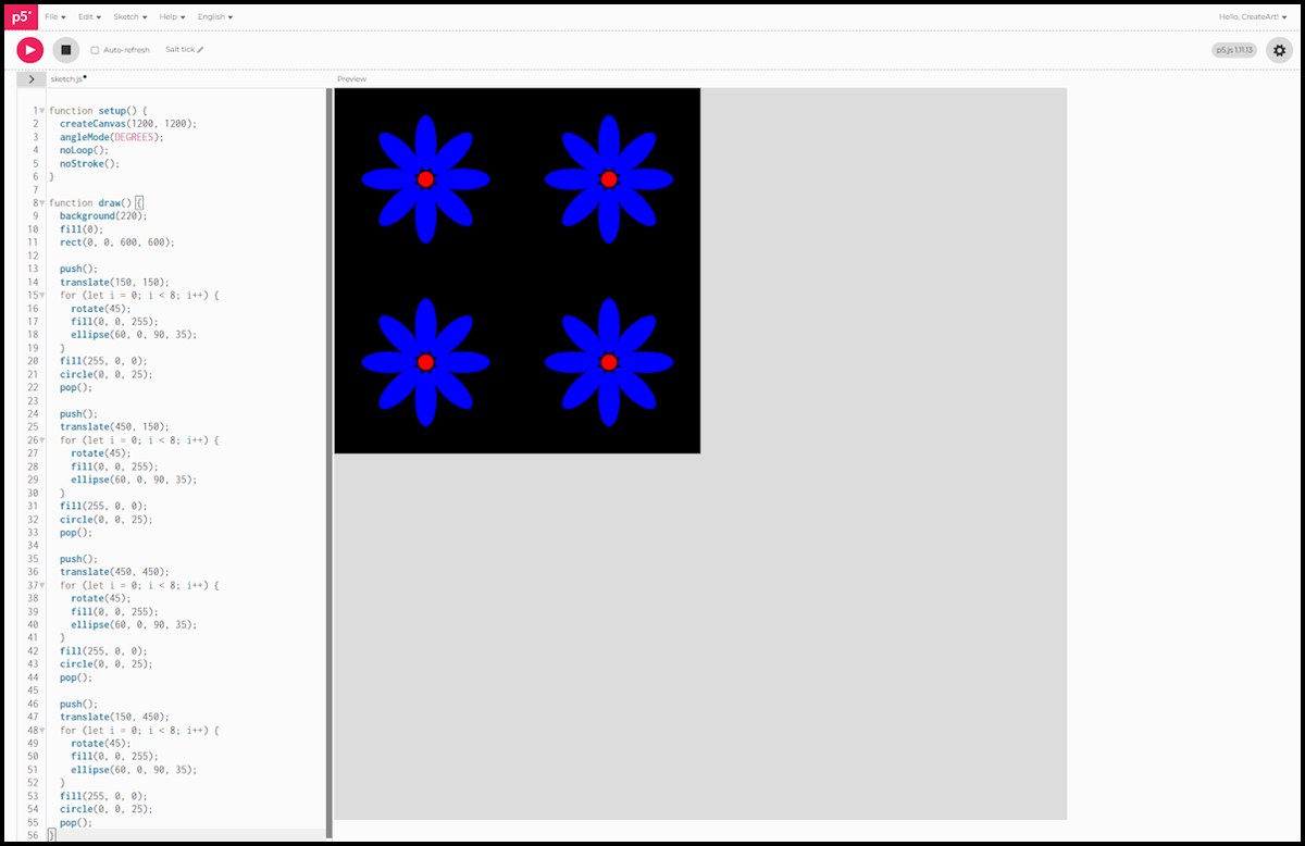 Four flowers, each landing exactly on its corner position inside the black square, thanks to push() and pop()