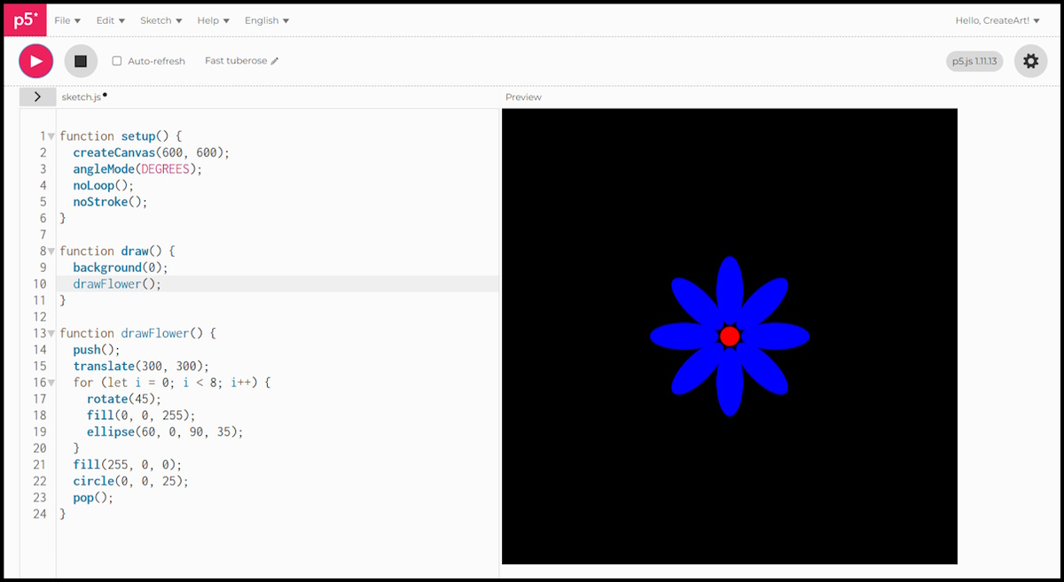 A single flower drawn by calling the drawFlower() function once