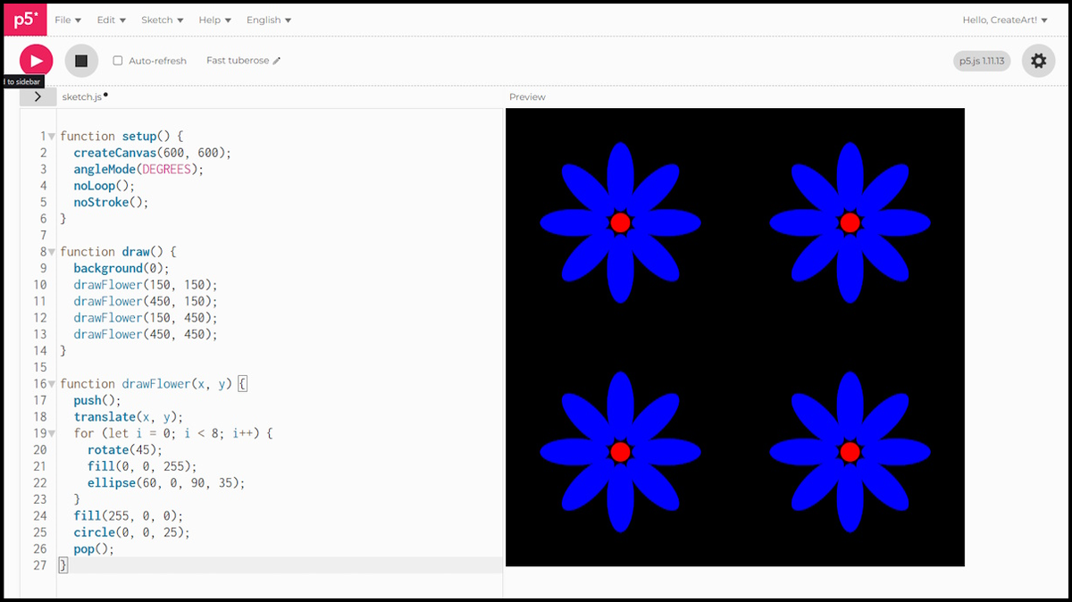 Four flowers, one in each corner, produced by calling drawFlower() four times with different x and y values