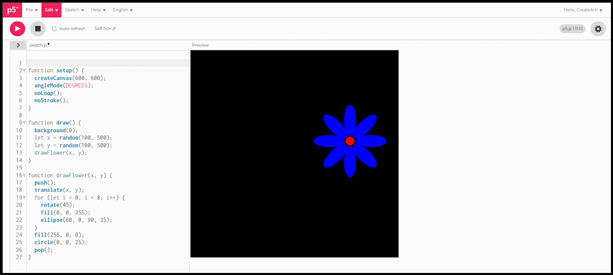 A single flower placed at a random position within the canvas
