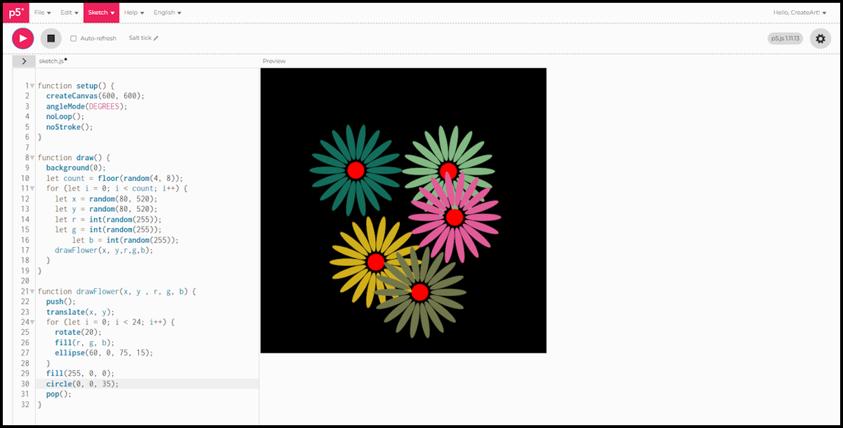 Several flowers, somewhere between four and seven, each at a random position and a random colour
