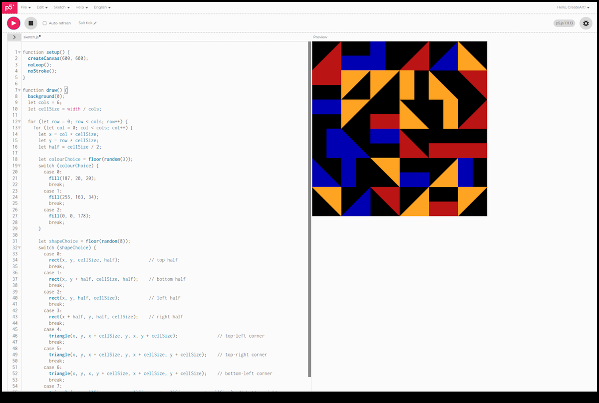 A 6x6 grid of half-rectangles and corner triangles, each cell a random one of three colours
