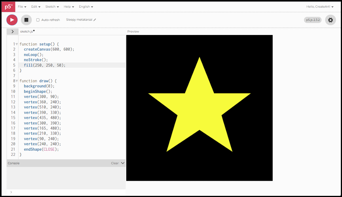 A yellow five-point star built entirely from vertex() calls