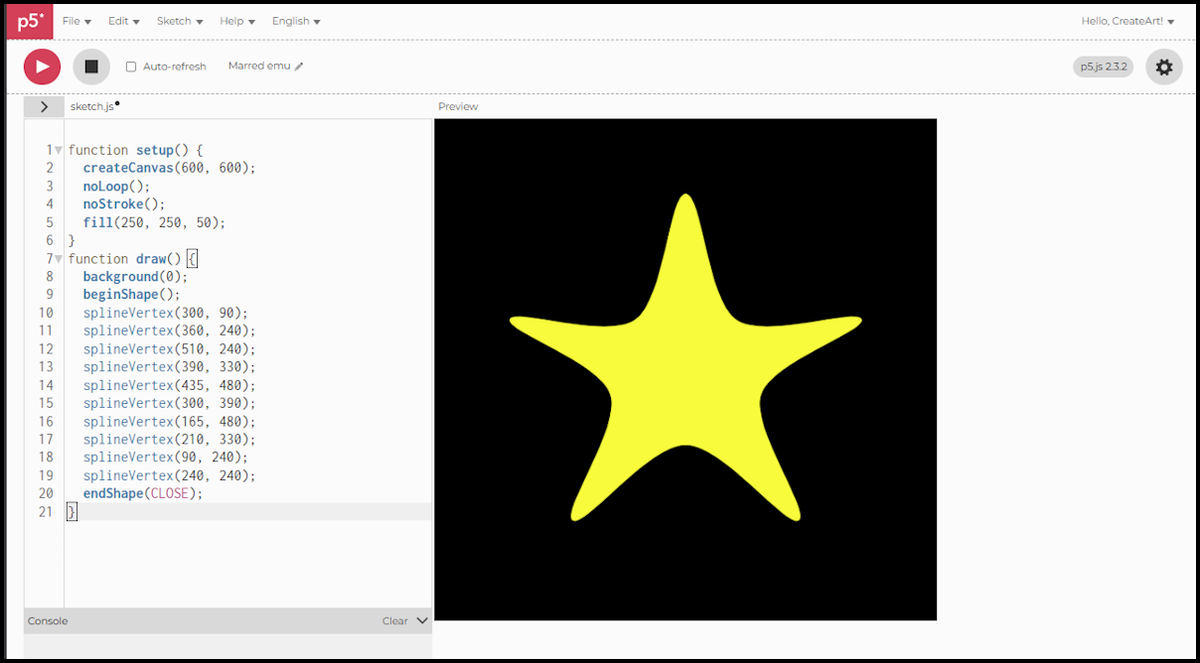 The same star outline, now with curved edges instead of straight ones, using splineVertex()