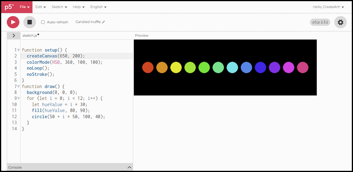 A row of 12 circles shifting through the full colour spectrum using HSB