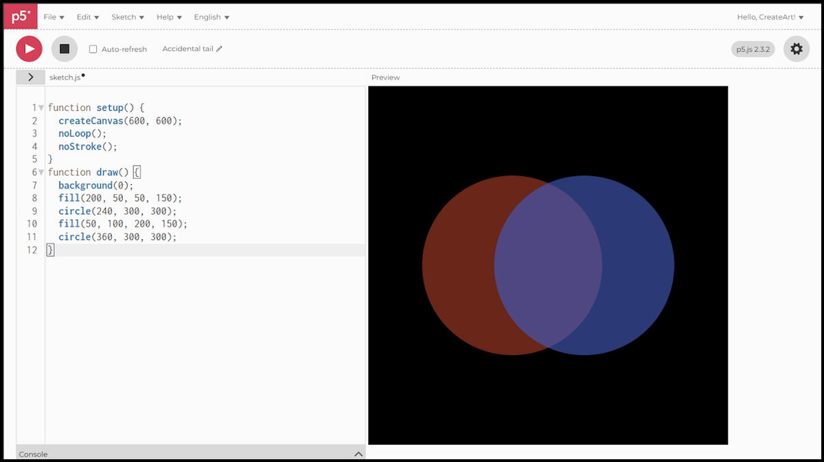 Two overlapping circles, red and blue, both partially transparent, blending into a third colour where they meet