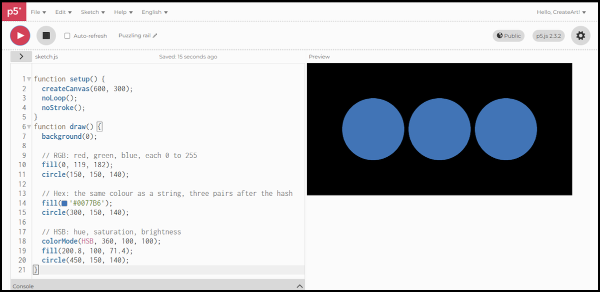 Three identical blue circles on black, the same colour written as RGB, as hex, and as HSB